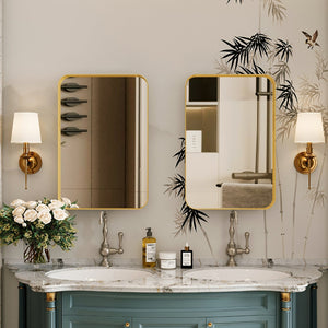 English Elm 16x24 Recessed Golden Metal Framed Medicine Cabinet with Mirror, Adjustable Shelves, Elegant Matte Gold Finish and Storage for Bathroom (Recessed) W1435P191606