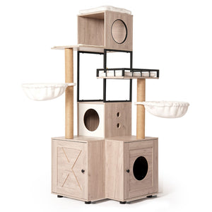 English Elm 63" Rustic Gray Cat Tower with Hidden Litter Enclosure Sisal Posts and Washable Perch W1687P304383