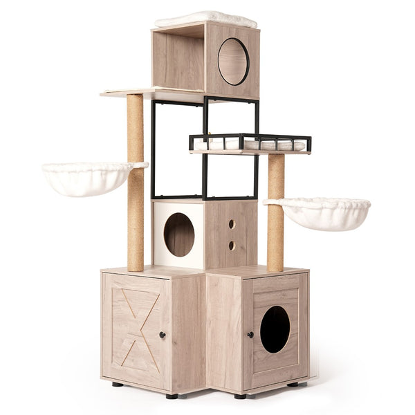 English Elm 63" Rustic Gray Cat Tower with Hidden Litter Enclosure Sisal Posts and Washable Perch W1687P304383