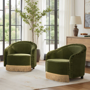 English Elm Jennifer Taylor Home - Serena Olive Green Performance Velvet Barrel Back Accent Chair with Ruched Texture & Bullion Fringe Elegance B2719P355285