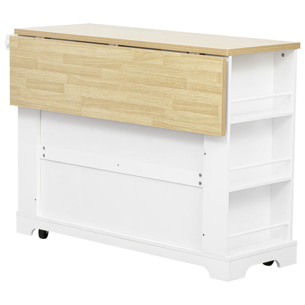 English Elm K&K Rustic Kitchen Island Cart with 6 Drawers, Pull-Out Trash Cabinet, Drop Leaf & Built-In Charging Station White N707P307292W