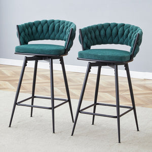 English Elm Two retro green bar stools with 360° rotation, breathable cotton-linen cushions, sturdy 300lb steel frame W2920P281917