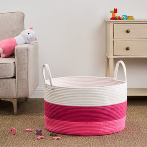 English Elm Cotton Round Laundry & Storage Basket with Sturdy Handles 21.7"x13" Spacious Neutral Two-Tone Design Pink+White B093P295087