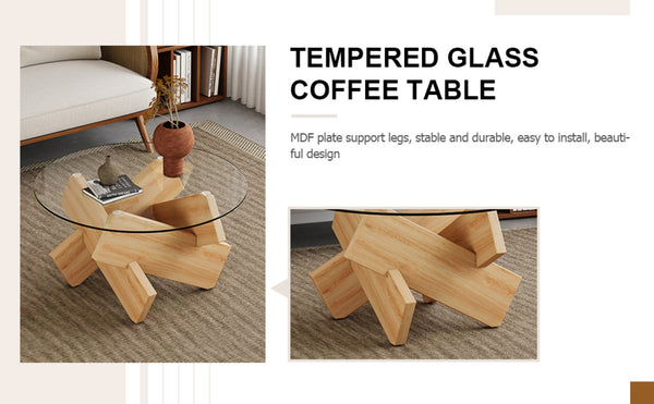 English Elm Circular Tempered Glass Round Coffee Table with Wood Tone Mdf Legs for Modern Living W1151P146792