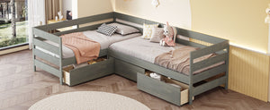 English Elm Twin L-Shaped Platform Bed with Three Spacious Drawers, Solid Pine & MDF, Clean-Lined Design Gray N7090000468E