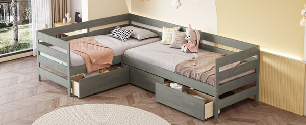 English Elm Twin L-Shaped Platform Bed with Three Spacious Drawers, Solid Pine & MDF, Clean-Lined Design Gray N7090000468E