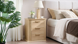 English Elm 22" Fluted Wood Nightstand with Built-in Charging Station Three Drawer Bedside Storage Oak T5326P431150