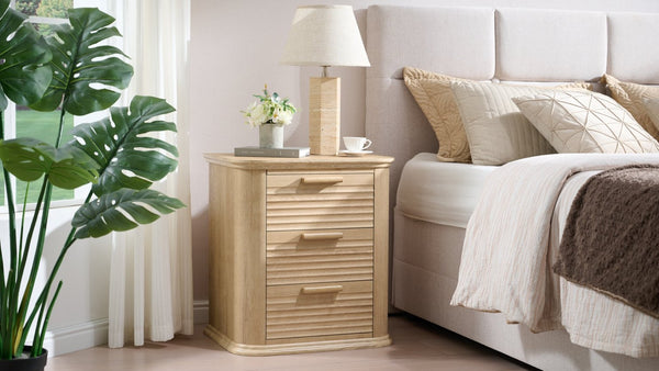 English Elm 22" Fluted Wood Nightstand with Built-in Charging Station Three Drawer Bedside Storage Oak T5326P431150