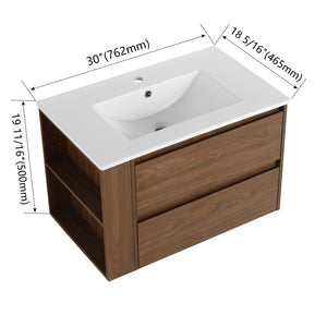 English Elm 30" Wall Mount Bathroom Vanity With Ceramic Sink & Soft-Close Drawers For Modern Storage Solutions W999S00207