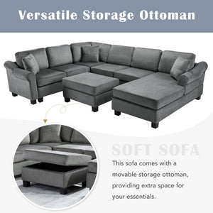 English Elm Sectional Plush chenille U-shaped sofa with pleated arms, pocket-spring seats & hidden ottoman storage Dark Gray N719S000810R