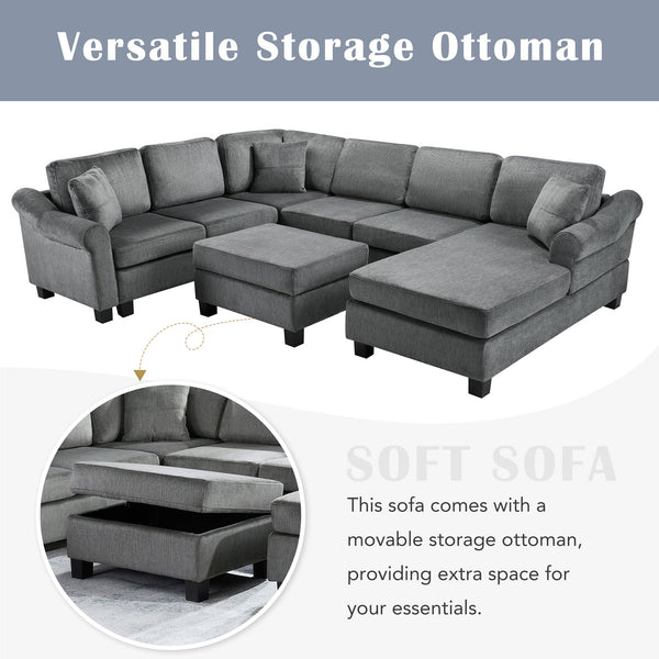 English Elm Sectional Plush chenille U-shaped sofa with pleated arms, pocket-spring seats & hidden ottoman storage Dark Gray N719S000810R