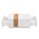 English Elm Modern 35.4 X 23.6 Inch Two-Tone Coffee Table With Faux Marble and Walnut Wood Grain Finish, Rectangular Center Table With 2 Storage Drawers, Practical Cocktail Table For Living Room, White