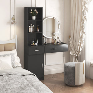 English Elm Black modern vanity desk with multi-layer storage, drawers & cabinet, hair dryer holes, durable finish W33163005