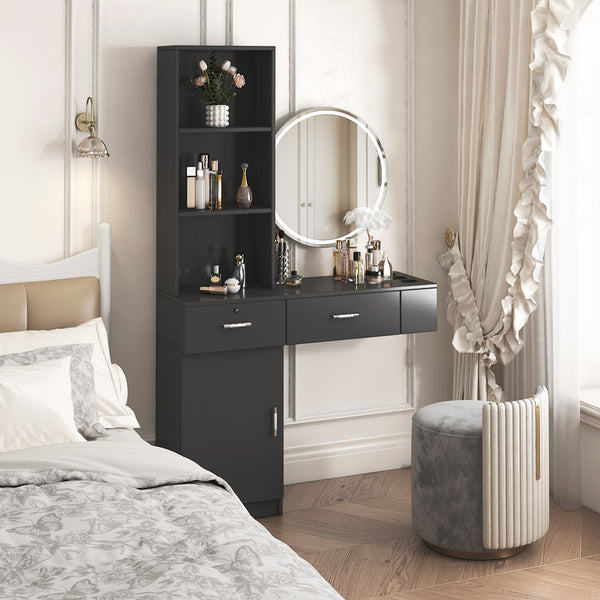 English Elm Black modern vanity desk with multi-layer storage, drawers & cabinet, hair dryer holes, durable finish W33163005