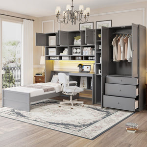 English Elm Wooden Twin Loft Bed with Built-in Desk Wardrobe Storage Drawers and Led Lighting N820S00069E