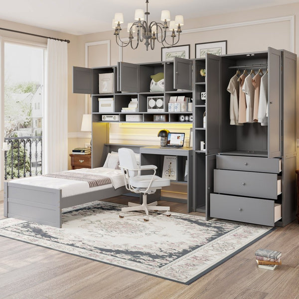 English Elm Wooden Twin Loft Bed with Built-in Desk Wardrobe Storage Drawers and Led Lighting N820S00069E