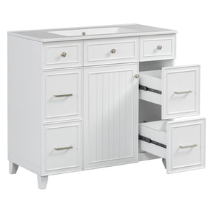 English Elm 36" 36-inch Transitional Bathroom Vanity with Ceramic Basin, Solid Wood Frame, Soft-Close Storage Elegance White N729P255663K