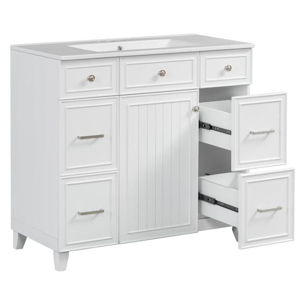English Elm 36" 36-inch Transitional Bathroom Vanity with Ceramic Basin, Solid Wood Frame, Soft-Close Storage Elegance White N729P255663K