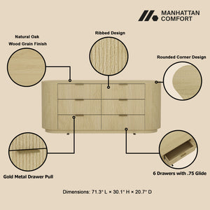 English Elm Olivia 71" Dresser in Natural Oak with Ribbed Texture, 6 Drawers, Metal Glam Handles (Black/Gold) B365S00064