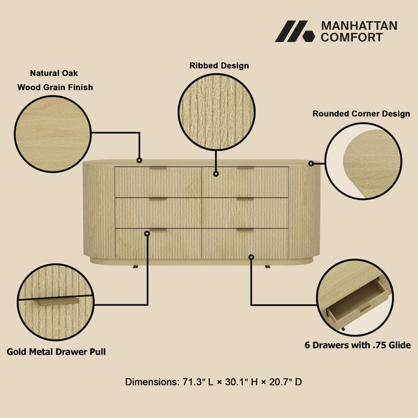 English Elm Olivia 71" Dresser in Natural Oak with Ribbed Texture, 6 Drawers, Metal Glam Handles (Black/Gold) B365S00064