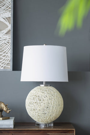 English Elm D16.1''xH26'' Estella Round Table Lamp with Beige Cross-Hatch Base and Natural Linen Shade for Cozy Reading W2078P395553