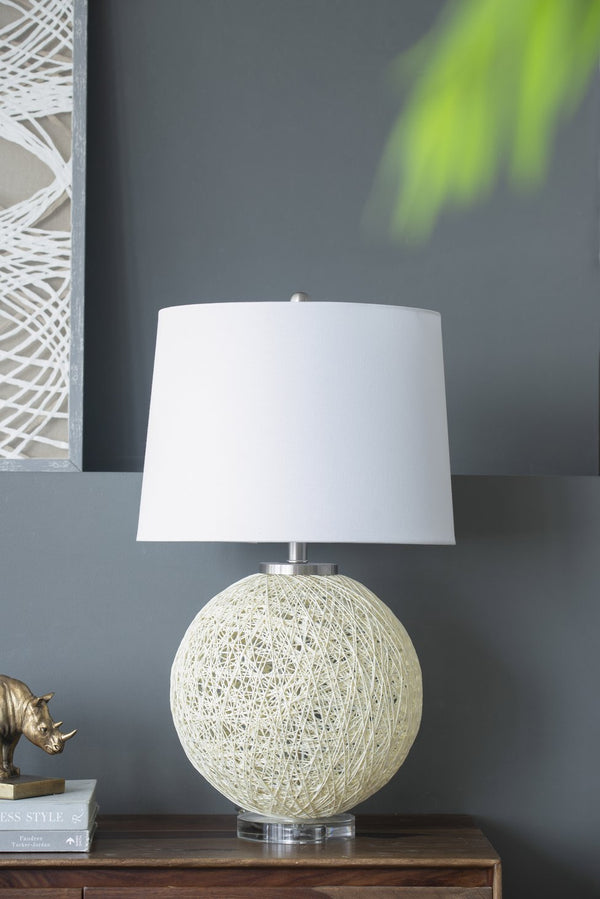 English Elm D16.1''xH26'' Estella Round Table Lamp with Beige Cross-Hatch Base and Natural Linen Shade for Cozy Reading W2078P395553