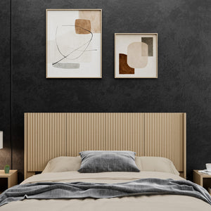 English Elm Wood Headboard Queen Solid Wood 64.4" Fluted 3D Carved Wall-Mount Headboard Modern Farmhouse Oak W3520P356698