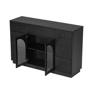 English Elm Christopher Knight Home® - Cabinet roomy storage console with 2 doors, 7 drawers, glass accents and manufactured wood build, large Black N780P330601B