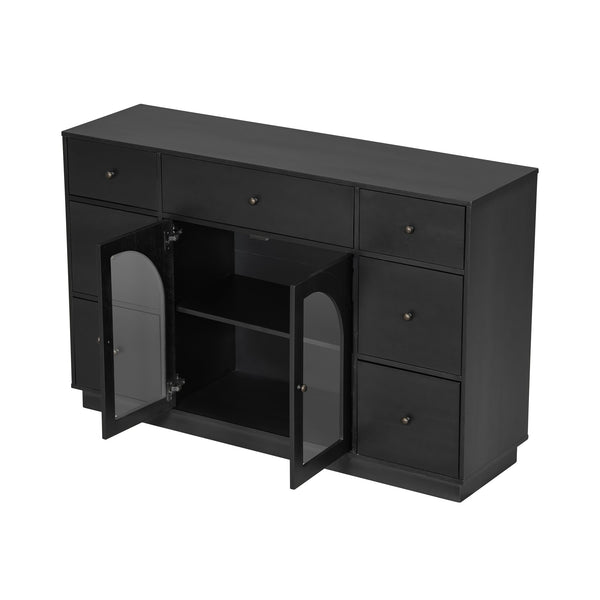 English Elm Christopher Knight Home® - Cabinet roomy storage console with 2 doors, 7 drawers, glass accents and manufactured wood build, large Black N780P330601B