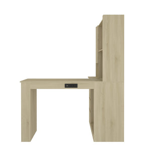 English Elm L Shaped Corner Desk with Led Lighting Charging Station Bookshelf Storage Home Office W1321S00029