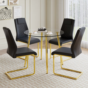 English Elm A Modern Minimalist Style Round Transparent Tempered Glass Table With Gold Metal Legs, Paired With 4 Modern Pu Leather High-Back Dining Chairs,Bringing A Luxurious Experience.