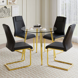 English Elm A Modern Minimalist Style Round Transparent Tempered Glass Table With Gold Metal Legs, Paired With 4 Modern Pu Leather High-Back Dining Chairs,Bringing A Luxurious Experience.