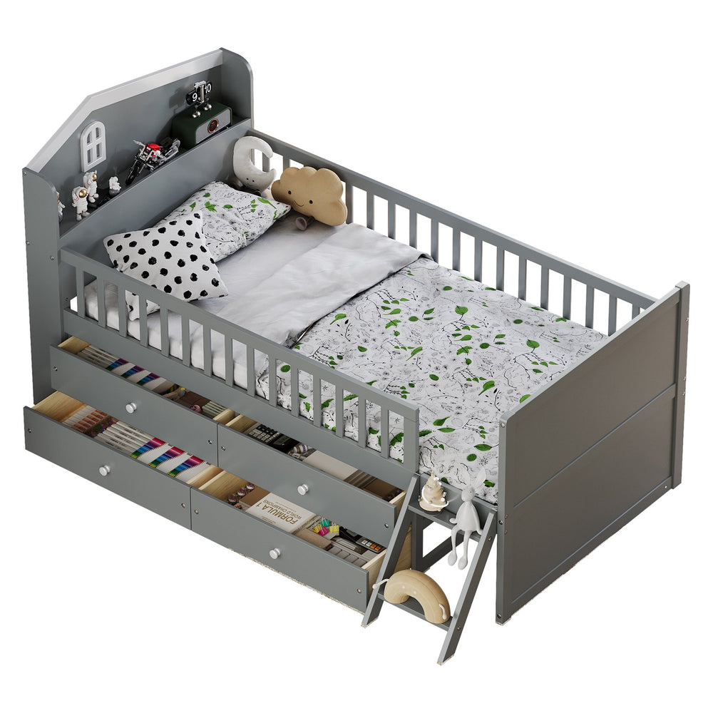English Elm Twin Bed Frame with Storage Drawers and House Headboard, Kids Platform Bed with Guardrail Ladder and Shelf Gray 49.3 L x 16.25 W x 7.75 H N733S278032E