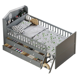 English Elm Twin Bed Frame with Storage Drawers and House Headboard, Kids Platform Bed with Guardrail Ladder and Shelf Gray 49.3 L x 16.25 W x 7.75 H N733S278032E