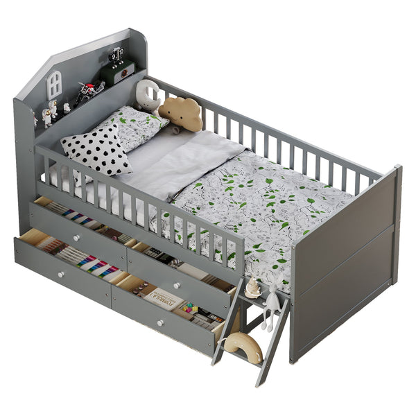English Elm Twin Bed Frame with Storage Drawers and House Headboard, Kids Platform Bed with Guardrail Ladder and Shelf Gray 49.3 L x 16.25 W x 7.75 H N733S278032E