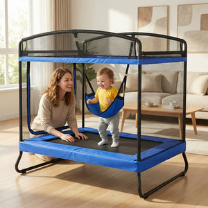English Elm 4*6ft Outdoor Rectangular Kids Trampoline with Safety Net Swing and Climbing Bar W2071P320537