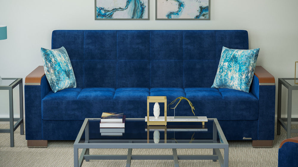 English Elm PrimeNest ZenAero Upholstered Wood Trim Convertible Sofabed with Storage, Click-Click Sleeper Comfort Blue B030P286532