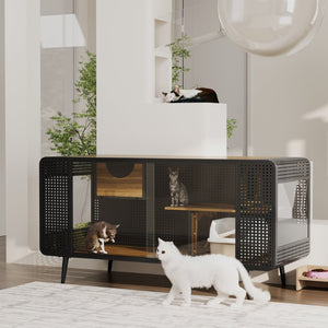English Elm 55.12 Inch Fir Wood Iron Frame Cat Enclosure with Tempered Glass Doors for Home W757119335