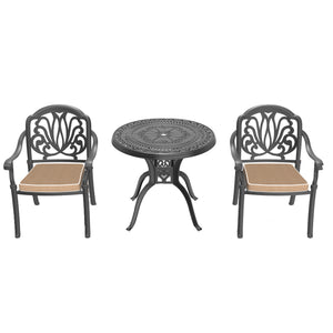 English Elm 3-Piece Elegant Cast Aluminum Patio Set With Brown Cushions – Durable, Space-Saving Design For Two! W1710S00055