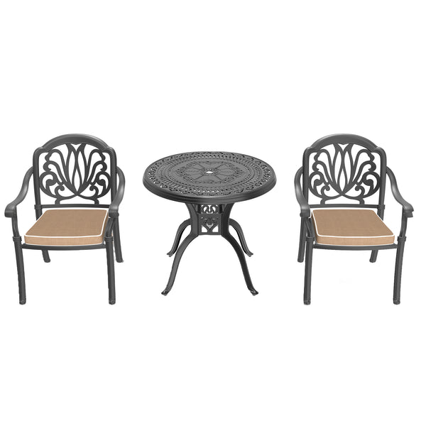 English Elm 3-Piece Elegant Cast Aluminum Patio Set With Brown Cushions – Durable, Space-Saving Design For Two! W1710S00055