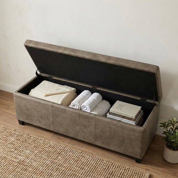 English Elm Avalon Upholstered Storage Bench Ottoman in Grey Linen Fabric for Bedroom or Living Room B136P439025