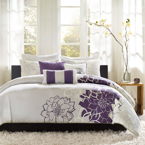 JLA Home Madison Park - 6 Piece Printed Duvet Cover Set with Floral & Stripe Motifs, OEKO-TEX Cotton, Button Closure Tie System Taupe Grey/Purple MP12-260