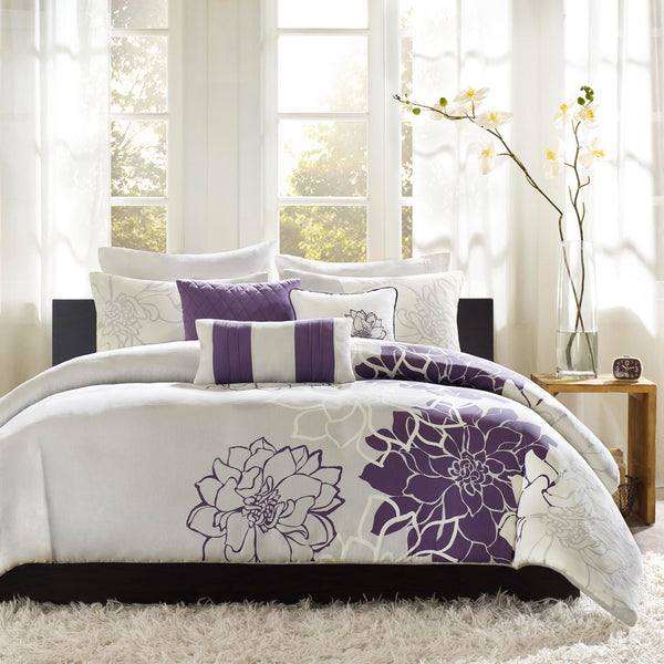 JLA Home Madison Park - 6 Piece Printed Duvet Cover Set with Floral & Stripe Motifs, OEKO-TEX Cotton, Button Closure Tie System Taupe Grey/Purple MP12-260