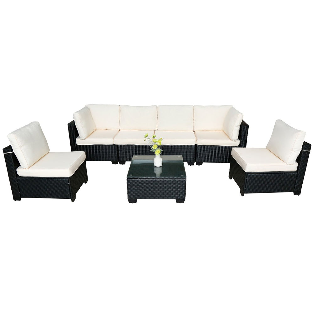 English Elm Seven-Piece Outdoor Rattan Sofa Set With Table & Beige Cushions - Stylish, Durable Patio Furniture W3152S00003-GIGA