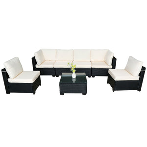 English Elm Seven-Piece Outdoor Rattan Sofa Set With Table & Beige Cushions - Stylish, Durable Patio Furniture W3152S00003-GIGA
