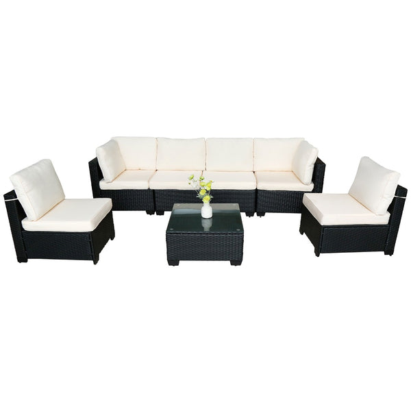 English Elm Seven-Piece Outdoor Rattan Sofa Set With Table & Beige Cushions - Stylish, Durable Patio Furniture W3152S00003-GIGA