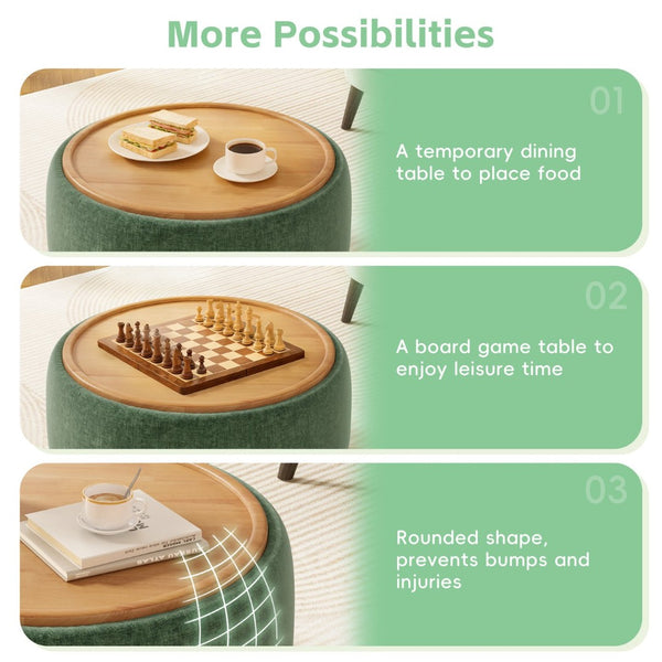 English Elm 29" Round Boucle Storage Ottoman Sculptural Wood Base Reversible Lid Living Room Green N723P405304G
