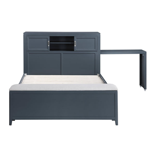 English Elm Gray Full Platform Bed with Bookcase Headboard Fold Out Desk Drawers and Footboard Bench Navy Blue B011S02313