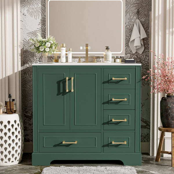 English Elm 36" Traditional Bathroom Vanity with Ceramic Sink, Solid Wood Cabinet, Soft-Close Doors & Drawers Green N729P251630F