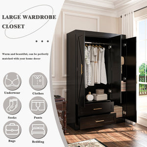 English Elm Shaker Three Door Wardrobe Armoire with Hanging Rod and Shelves for Bedroom Black T3210S00006